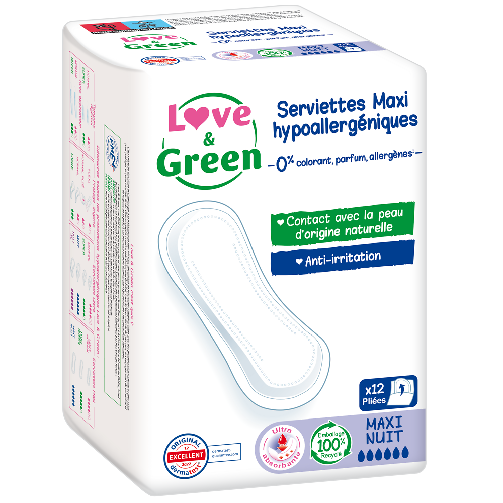 Serviettes hygiéniques maxi hypoallergéniques 0% anti irritation LOVE&GREEN, x12