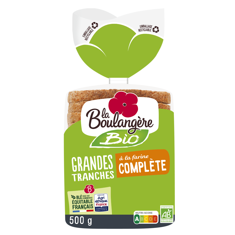 Pain de mie grandes tranches complet bio LA BOULANGERE - 12 tranches -500g