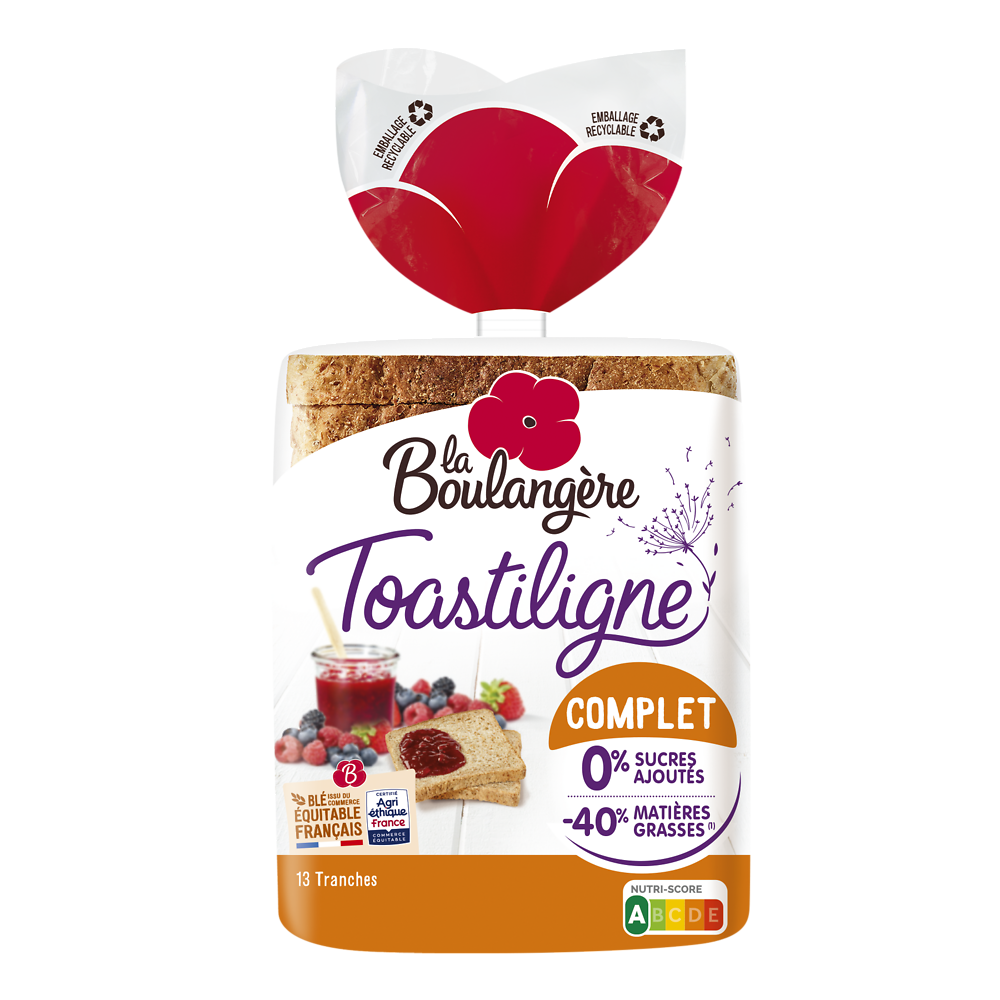 Pain de mie grandes tranches complet Toastiligne LA BOULANGERE - 12 tranches - 500g