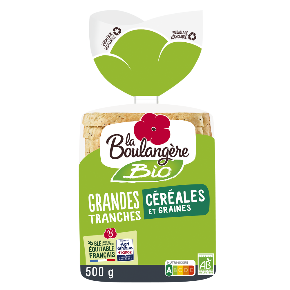 Pain de mie grandes tranches céréales bio LA BOULANGERE - 12 tranches- 500g