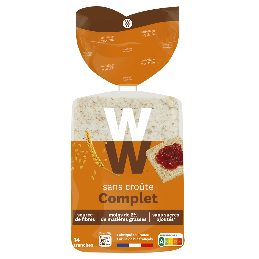 Pain de mie sans croute complet WW - 14 tranches , 330g