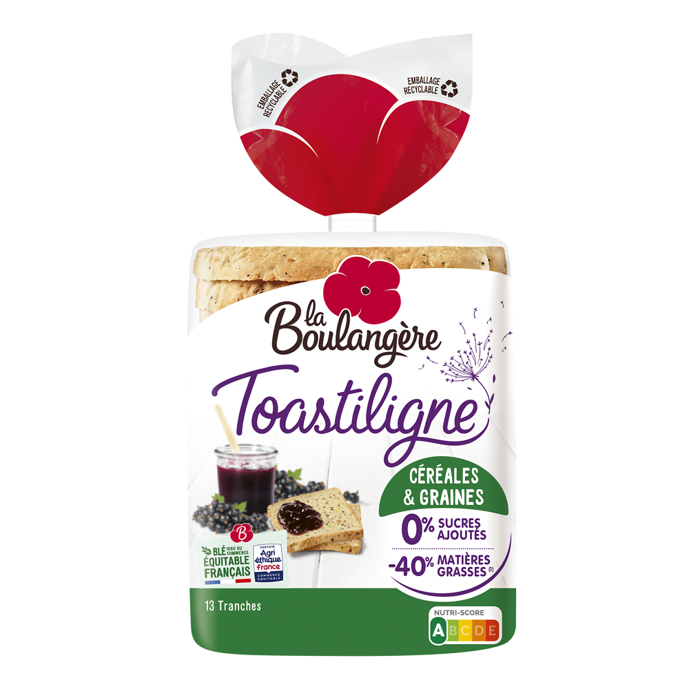 Pain de mie grandes tranches céréales Toastiligne LA BOULANGERE - 12 tranches - 500g