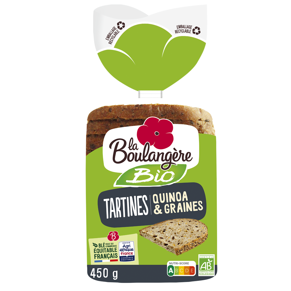 Pain Tartines quinoa et céréales bio LA BOULANGERE - 12 tranches - 450g