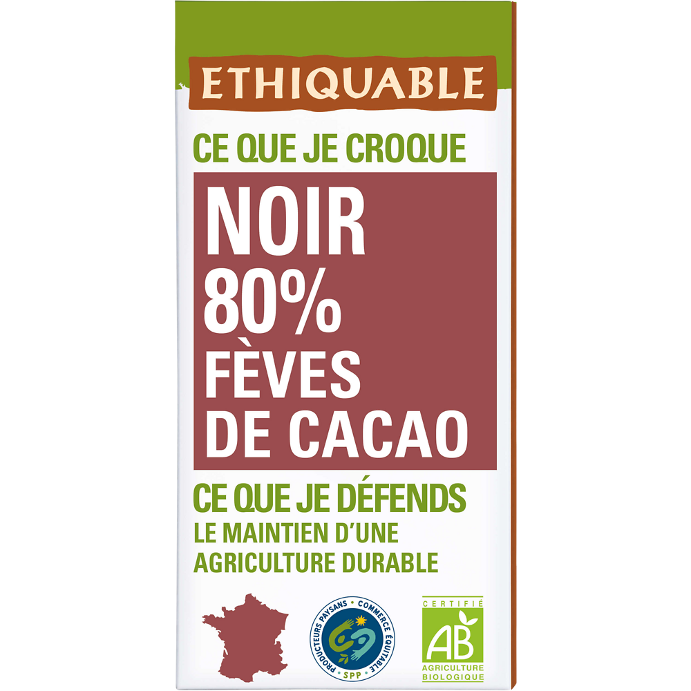 ETHIQUABLE - Chocolat noir 80% fèves de cacao BIO - la tablette de 100g