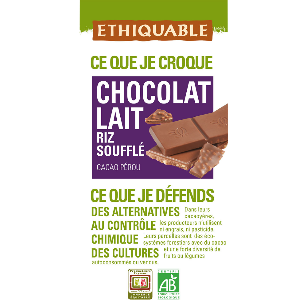 ETHIQUABLE - Chocolat lait riz soufflé BIO - la tablette de 100g