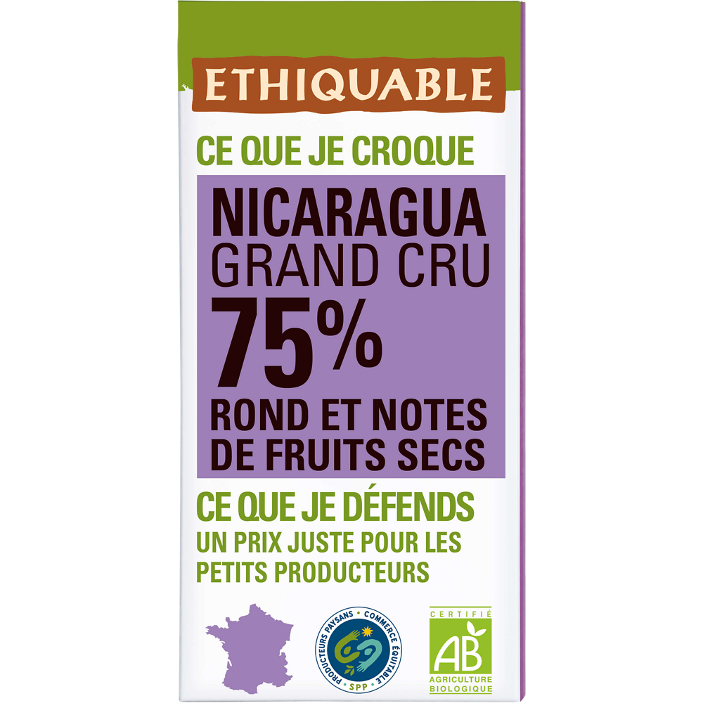 ETHIQUABLE - Chocolat noir 75% Nicaragua BIO - la tablette de 100g