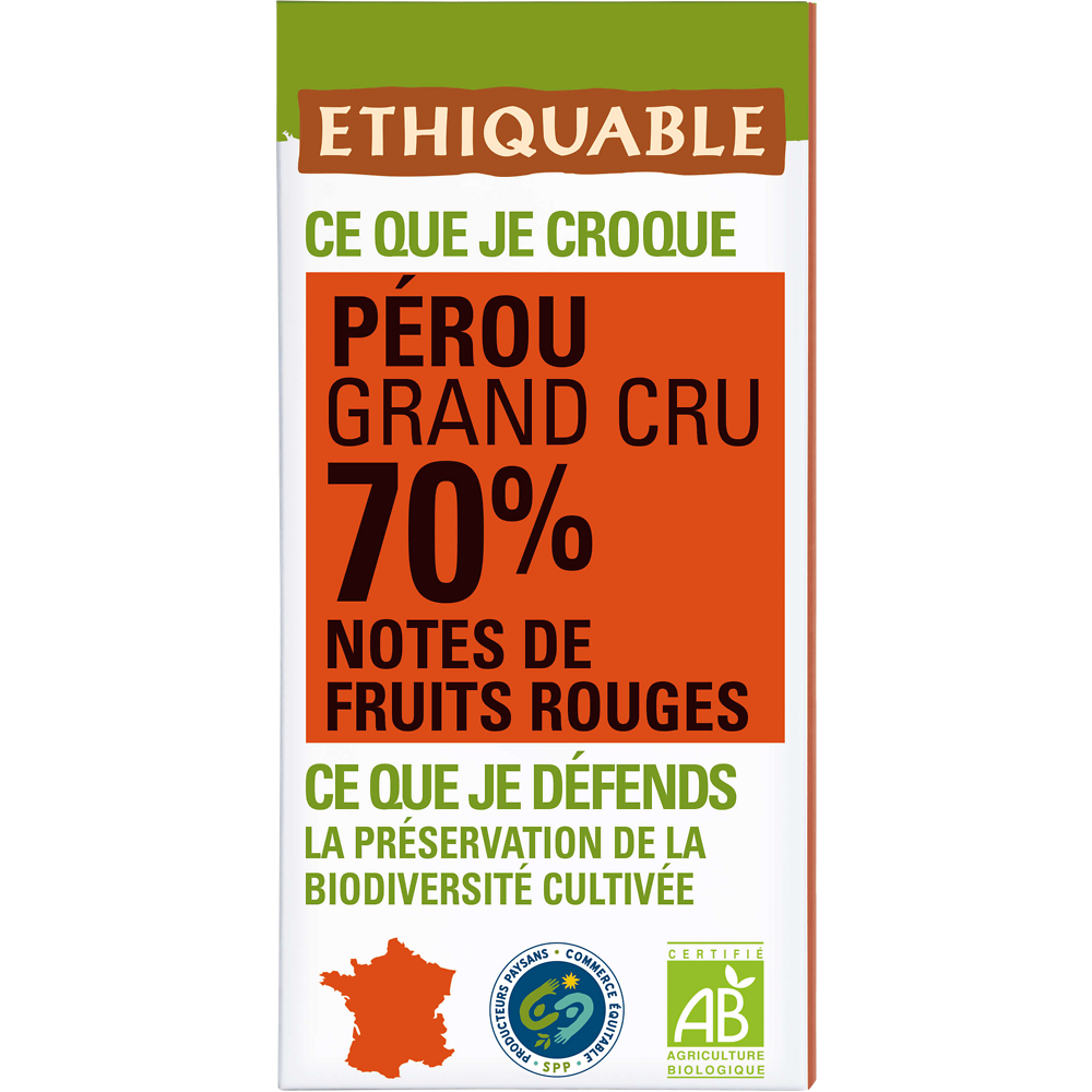 ETHIQUABLE - Chocolat noir 70% Pérou BIO - la tablette de 100g