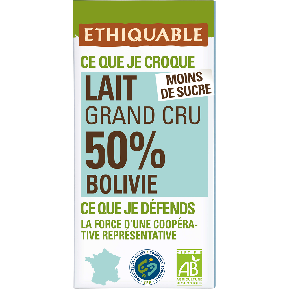 ETHIQUABLE - Chocolat au lait 50% Bolivie BIO - la tablette de 100g