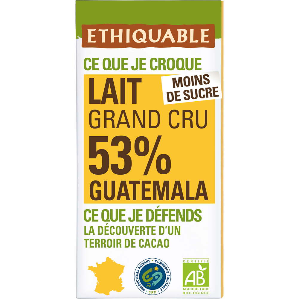 ETHIQUABLE - Chocolat lait 53% Guatemala BIO - la tablette de 100g