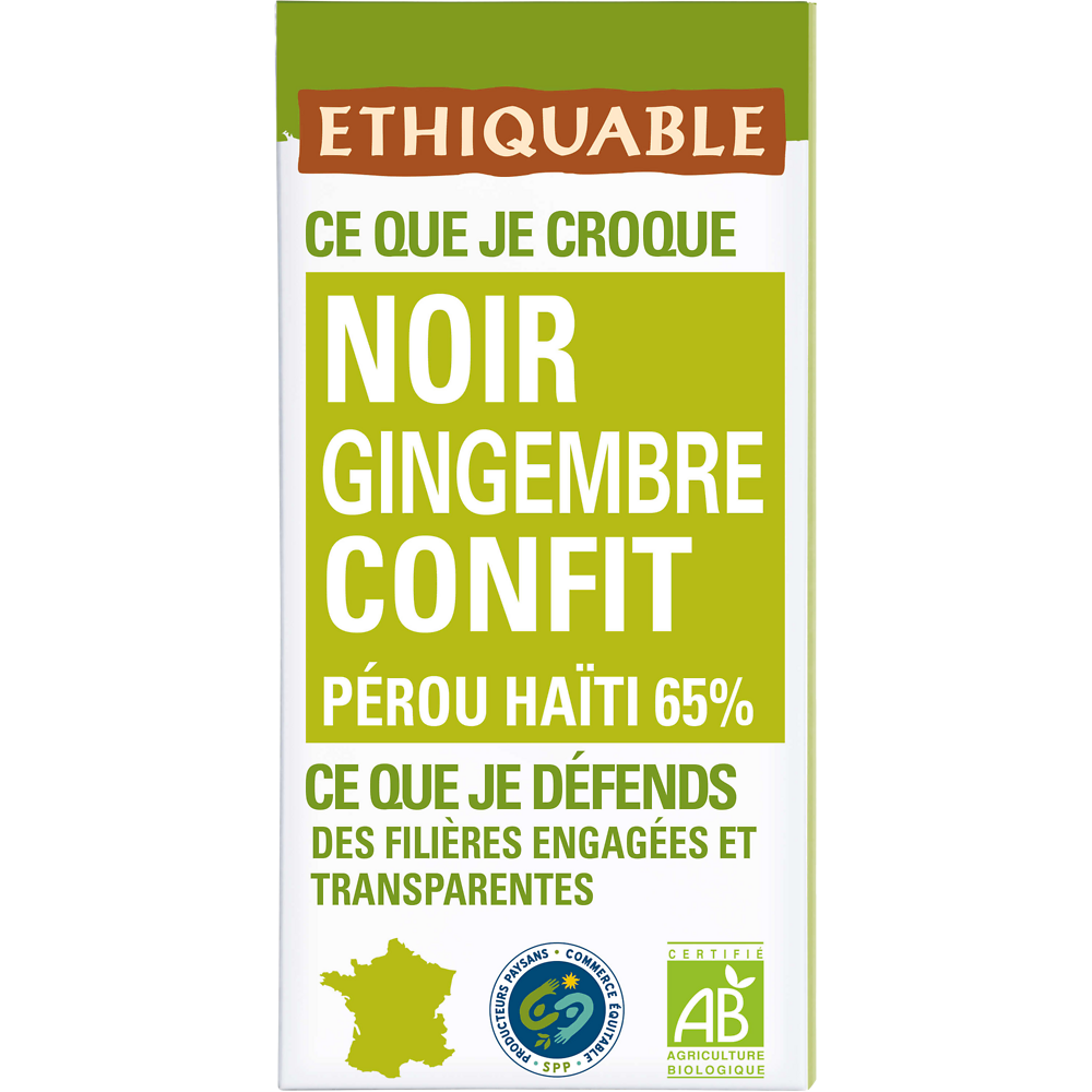 ETHIQUABLE - Chocolat noir gingembre confit BIO - la tablette de 100g