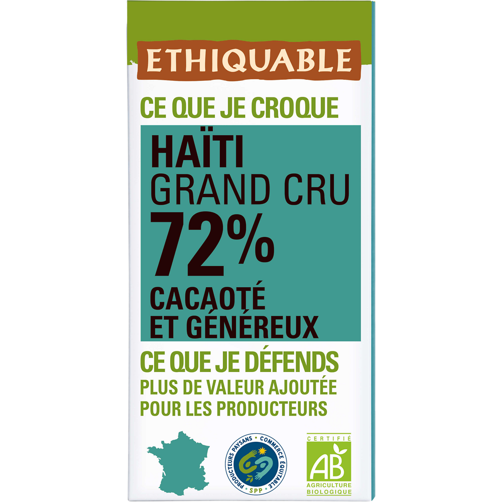 ETHIQUABLE - Chocolat noir 72% Haïti BIO - la tablette de 100g