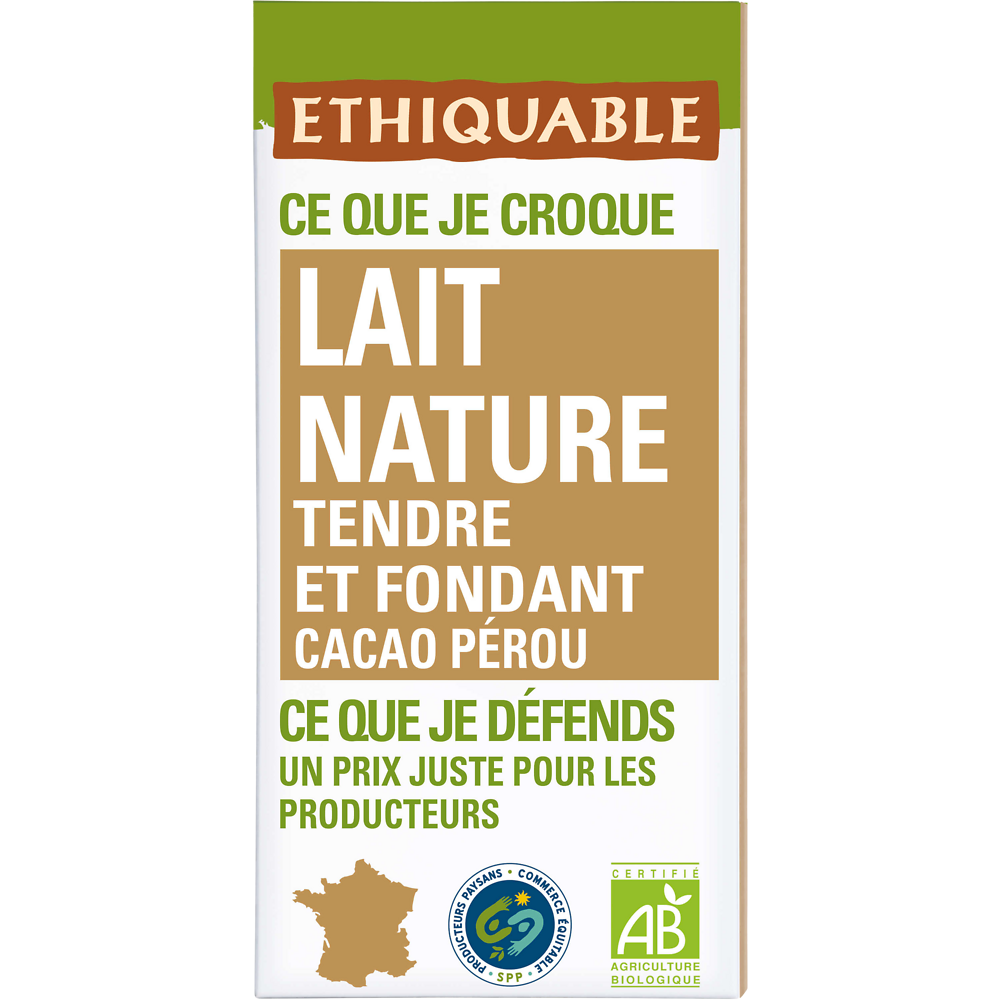 ETHIQUABLE - Chocolat au lait nature BIO - la tablette de 100g