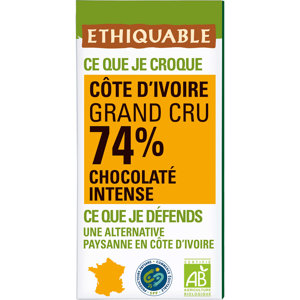 ETHIQUABLE - Chocolat noir 74% Côte d'Ivoire BIO - la tablette de 100g