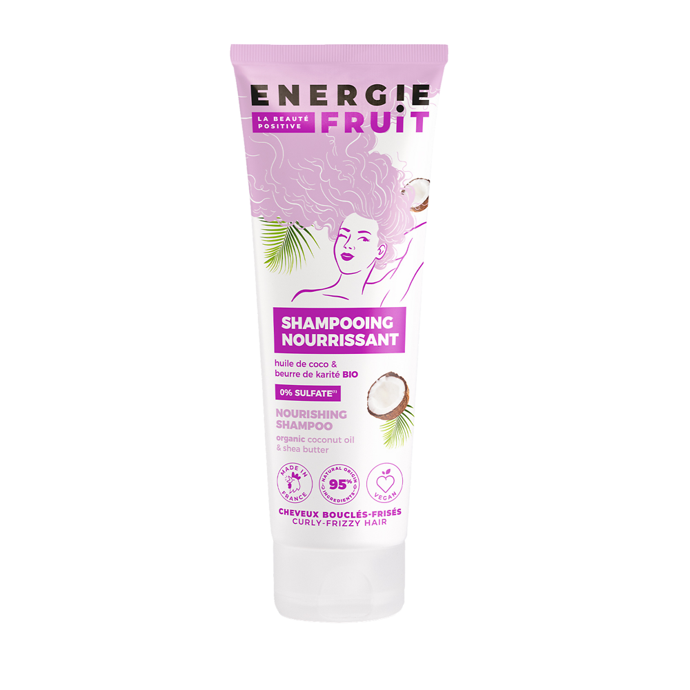 Shampooing nourrissant pour cheveux ondulés et bouclés parfum coco etbeurre de karité ENERGIE FRUIT, flacon de 250ml