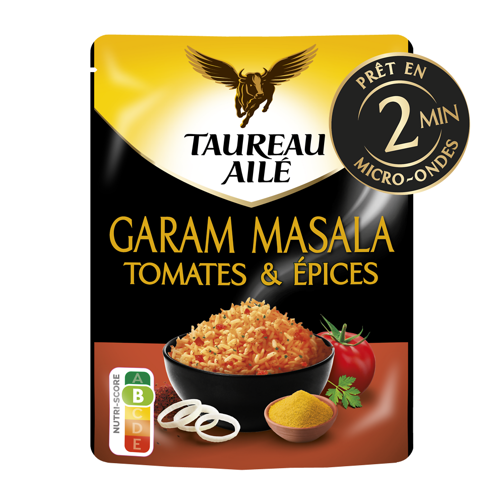 Riz Basmati garam masala tomates épices micro ondables 2 minutes TAUREAU AILE 220g