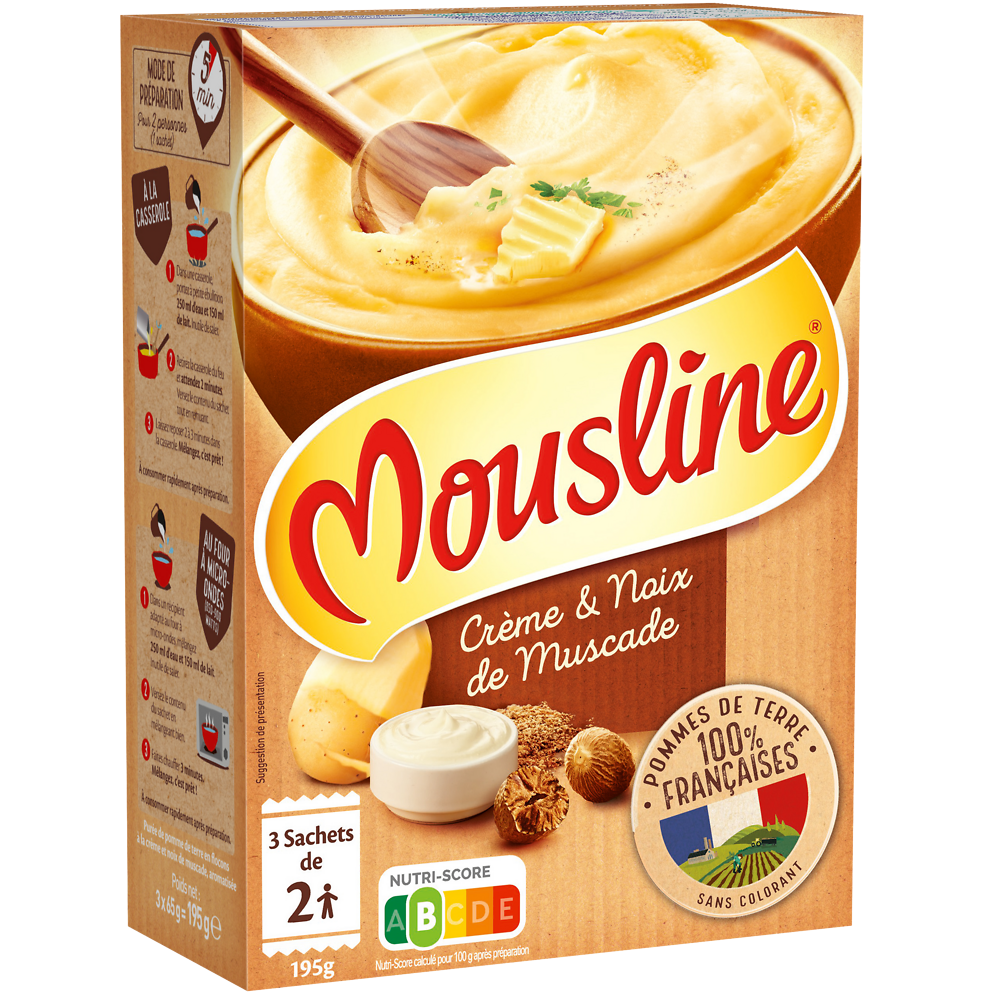 Purée MOUSLINE crême muscade format 2 personnes 3x65g 195g