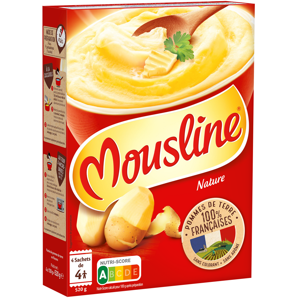 Purée nature MOUSLINE, 4 sachets pour 4 personnes 4x130g 520g