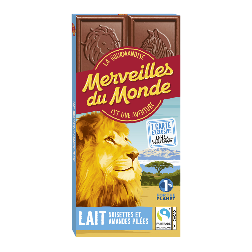 Chocolat lait noisettes amandes pilées MERVEILLES DU MONDE 100g