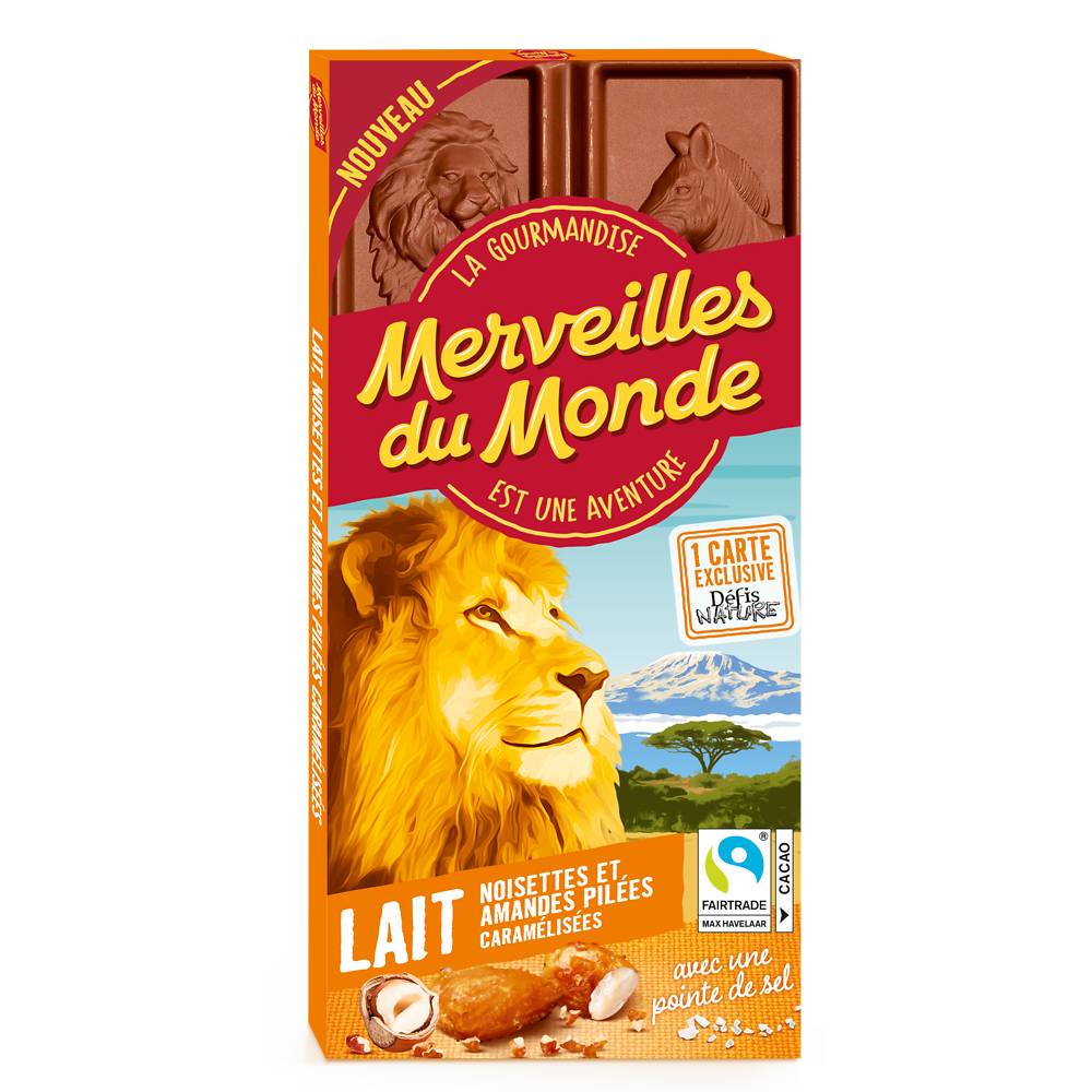 Chocolat lait pointe de sel noisettes amandes pilées, MERVEILLES DU MONDE 100g