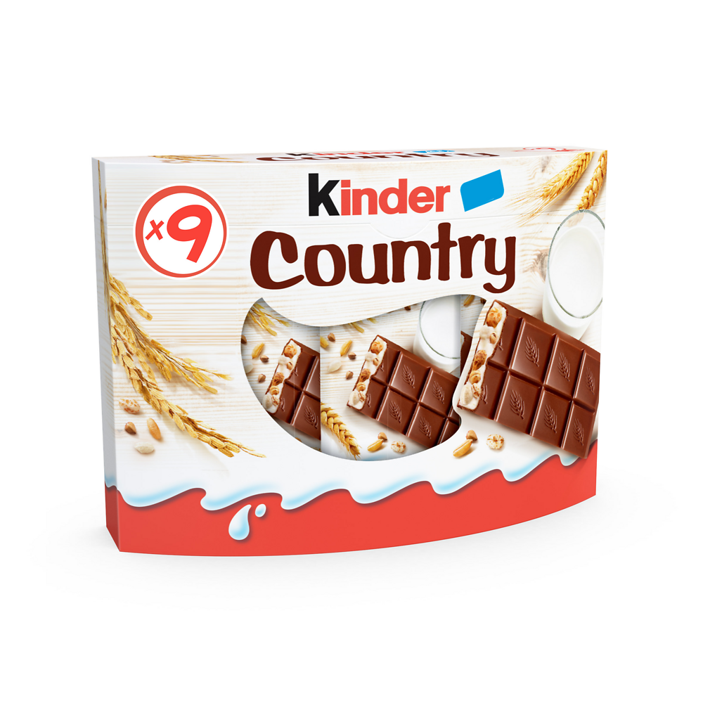 Barre céréalière enrobée de chocolat country KINDER, x9 soit 212g