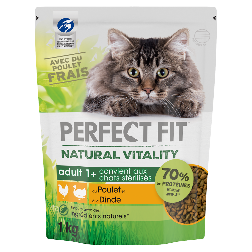 Croquettes chat stérilisé Natural Vitality poulet et dinde PERFECT FIT- 1kg