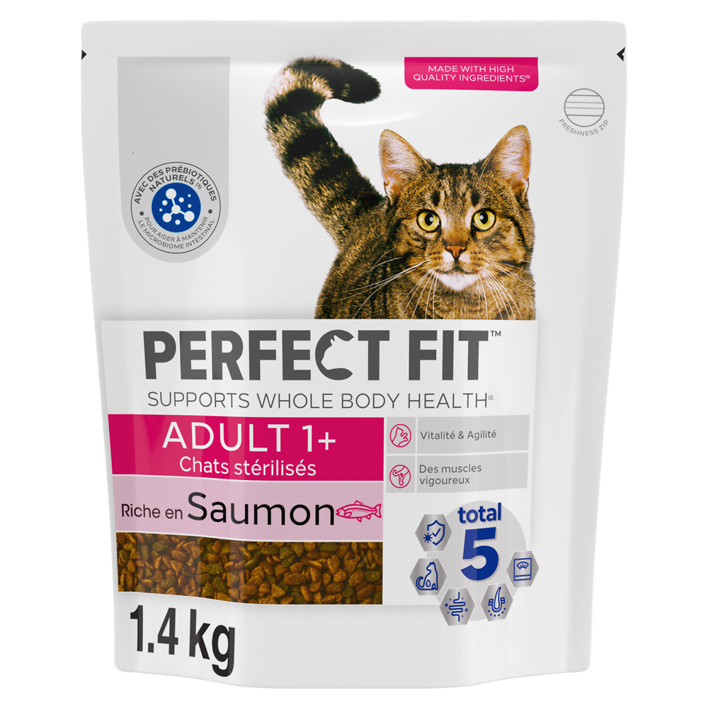 Croquettes chat stérilisé riche en saumon PERFECT FIT - 1,4kg