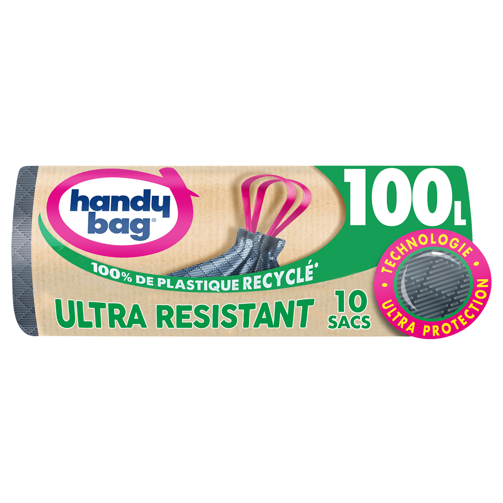 Sac poubelle poignée coulissante ultra résistant 80% plastique recycléHANDY BAG 100L x10