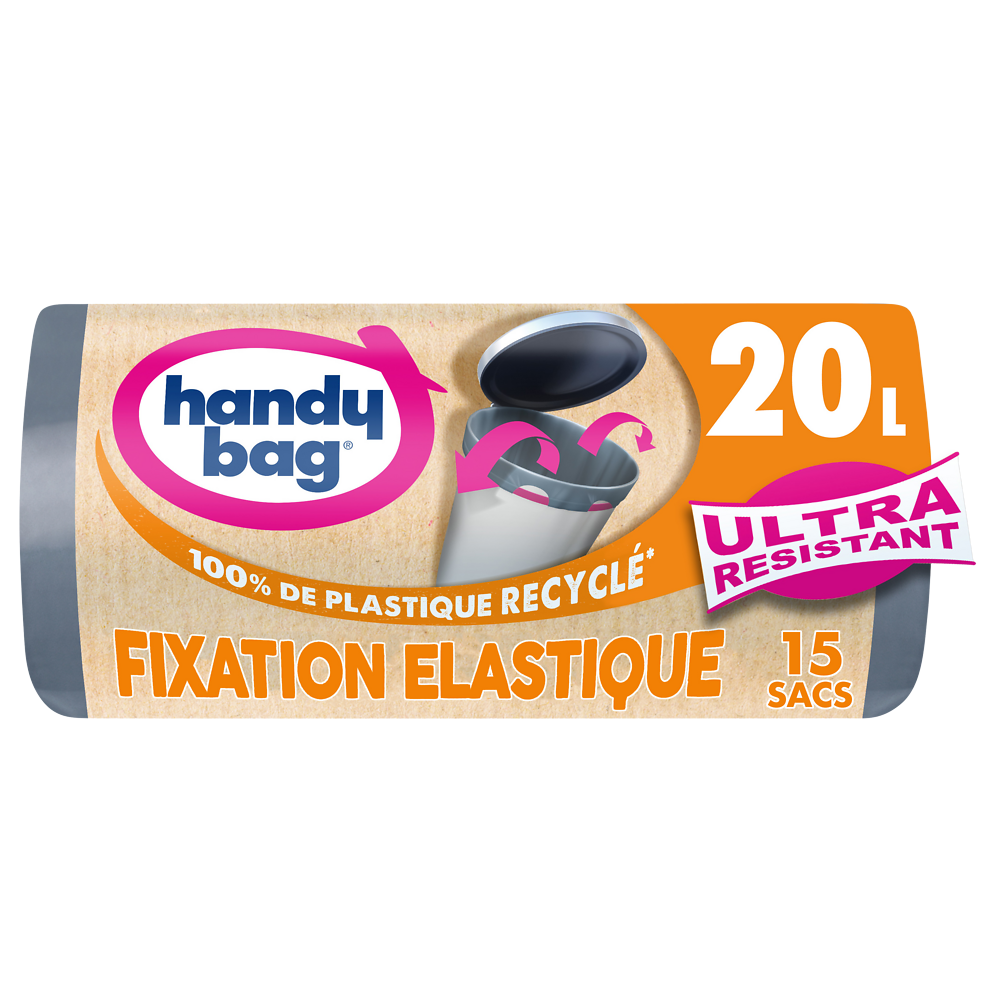 Sacs poubelle poignées fixation élastique 80% plastique recyclés HANDYBAG 20L X15