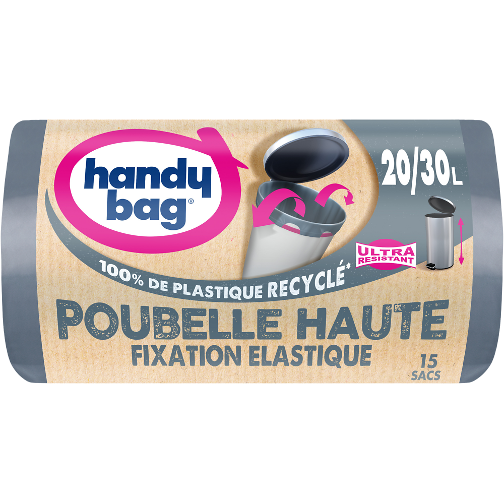 Sacs poubelle fixation élastique poubelle haute 80% plastique recycléHANDY BAG 20L-30L x15