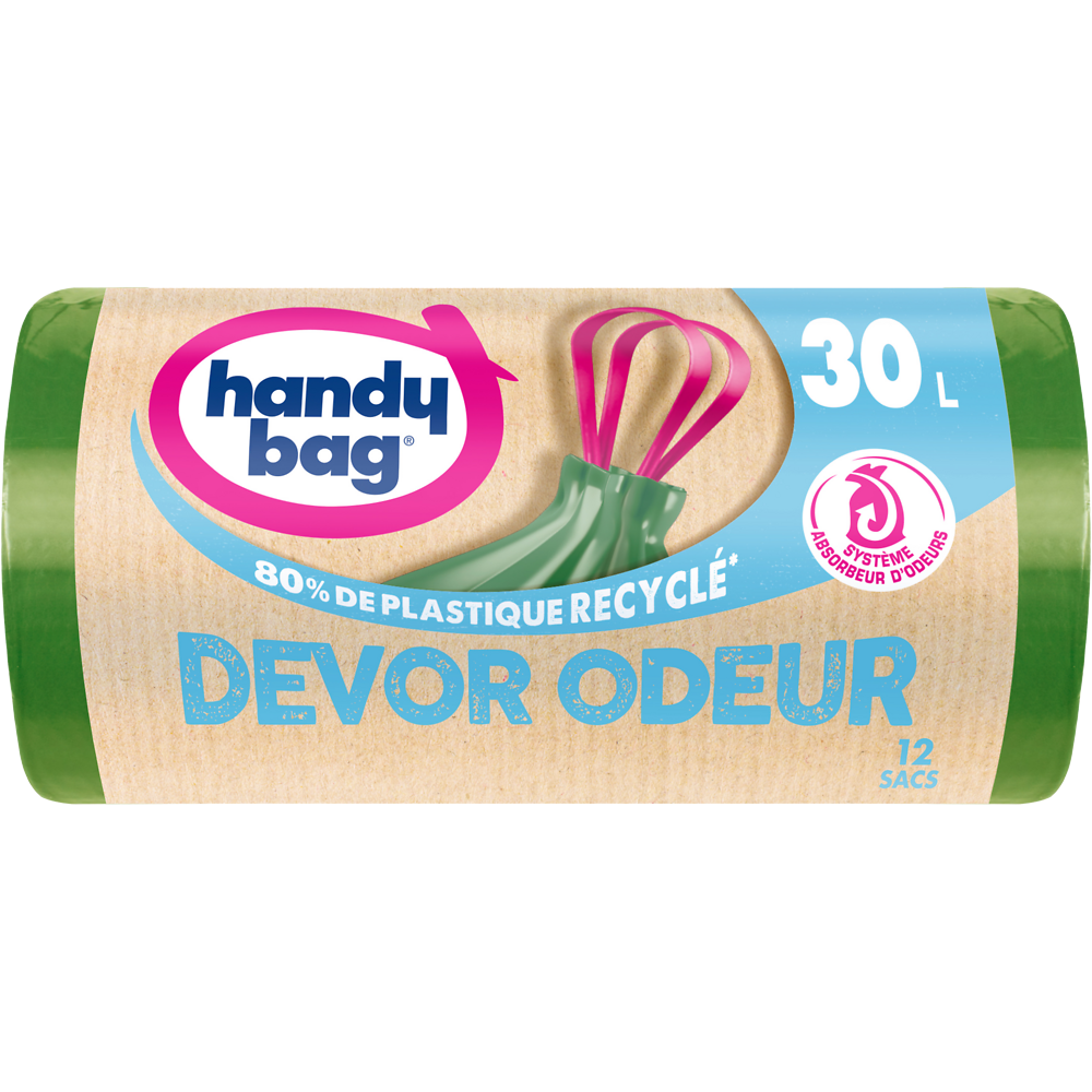 Sacs poubelle poignées coulissantes devor odeur 80% plastique recycléHANDY BAG 30L x12