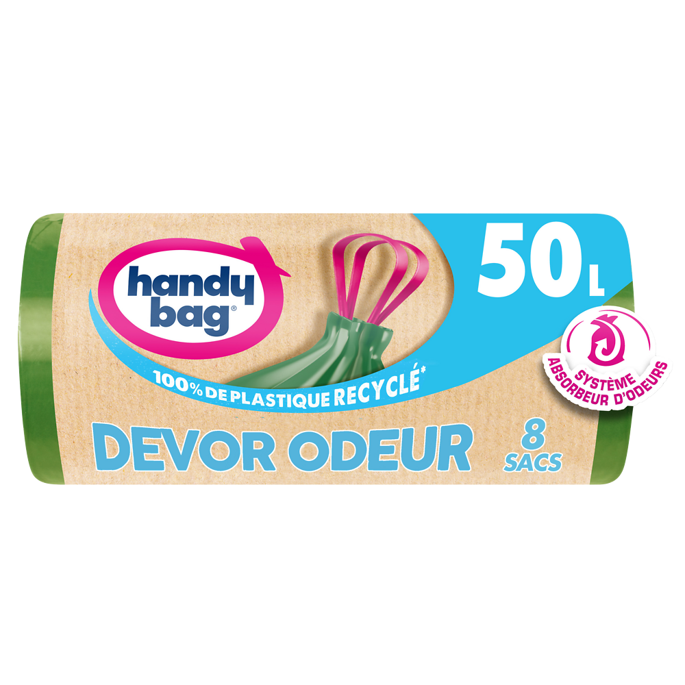 Sacs poubelle poignées coulissantes devor odeur 80% plastiqye recyclésHANDY BAG 50L x8