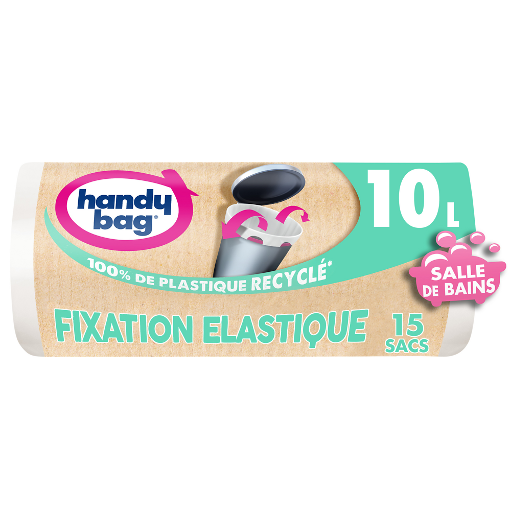 Sac poubelle salle de bain fixation élastique 80% plastique recyclésHANDY BAG 10L x15