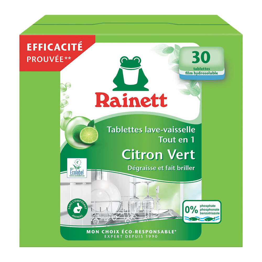 Tablettes lave-vaisselle tout en 1 citron vert RAINETT, x30