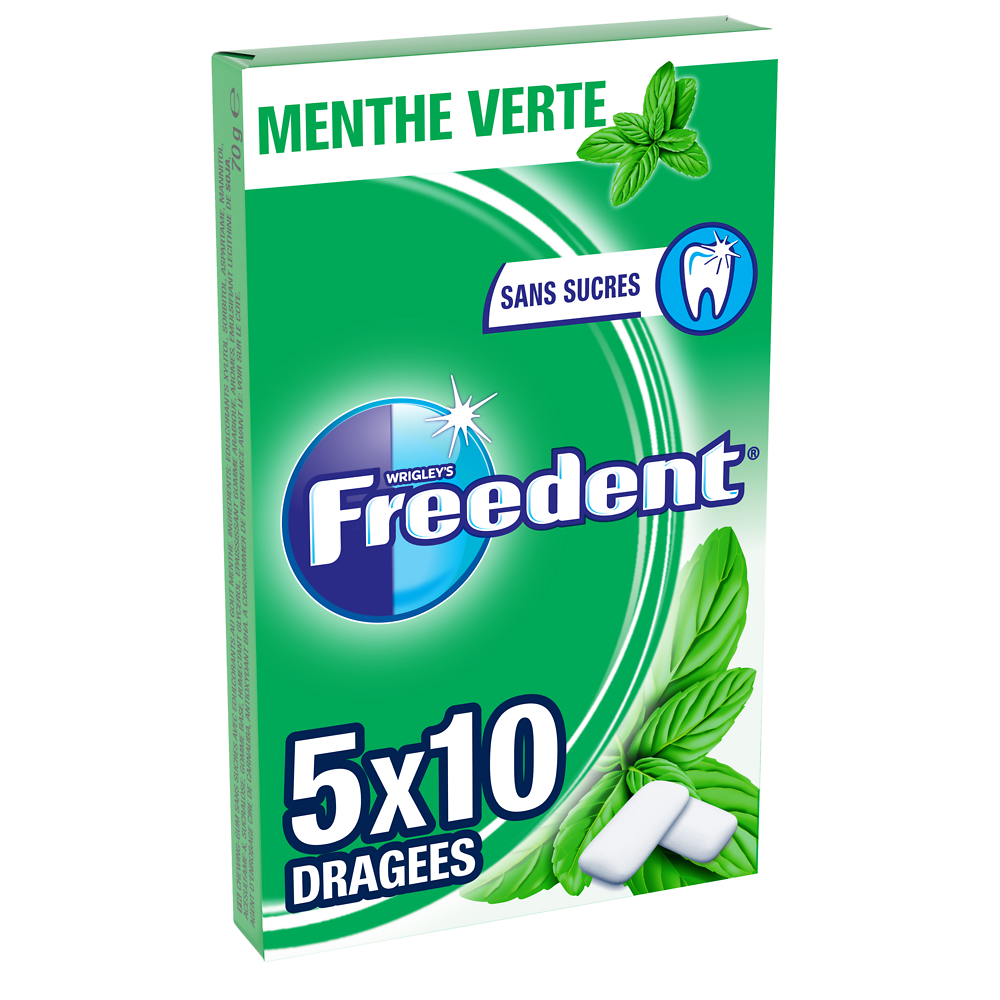 Chewing gum sans sucre menthe verte FREEDENT, 5x10 dragées 70g