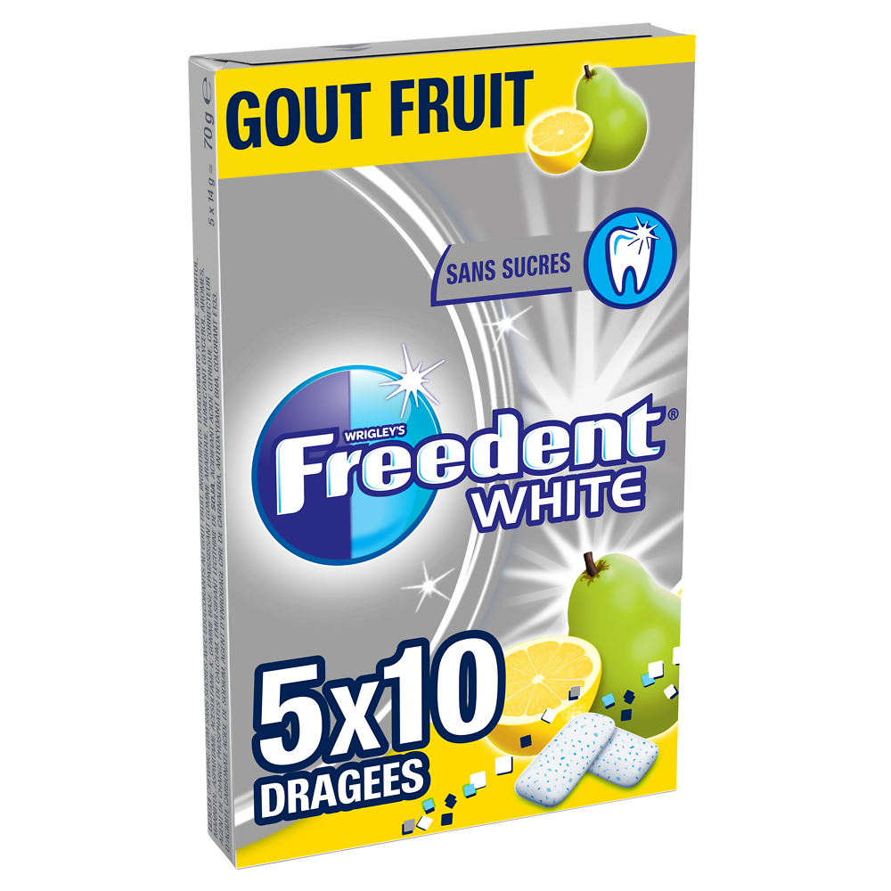 Chewing gum sans sucre fruits FREEDENT White, 5x10 dragées 70g