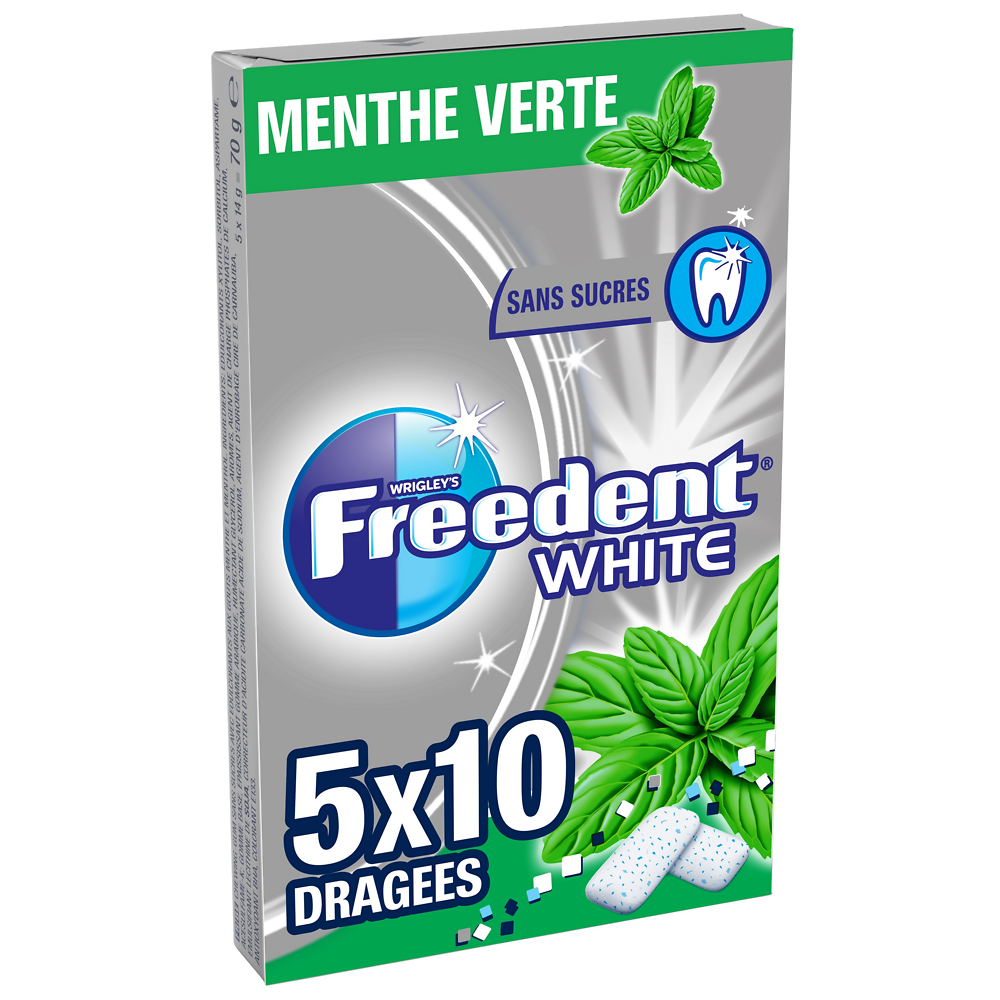 Chewing gum sans sucre menthe verte FREEDENT White, 5x10 dragées 70g