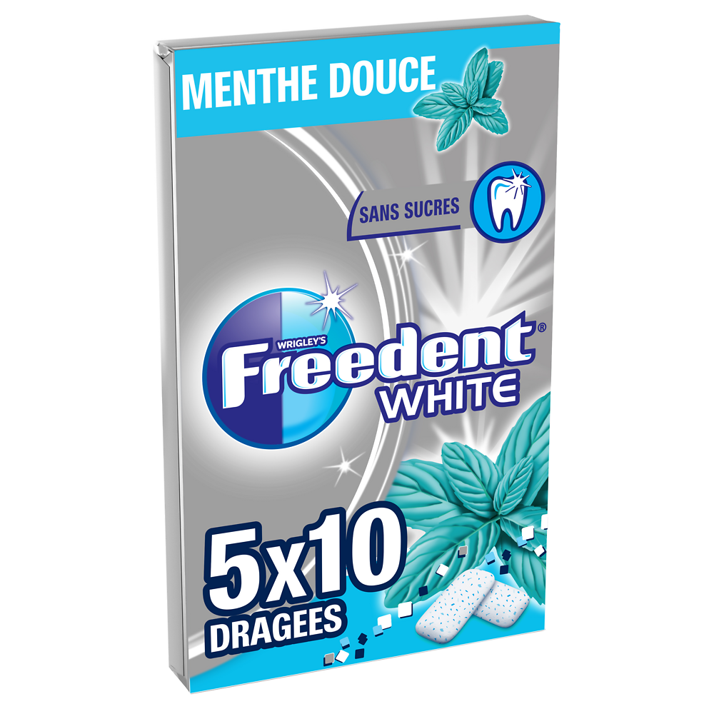 Chewing gum sans sucre menthe douce FREEDENT White, 5x10 dragées 70g