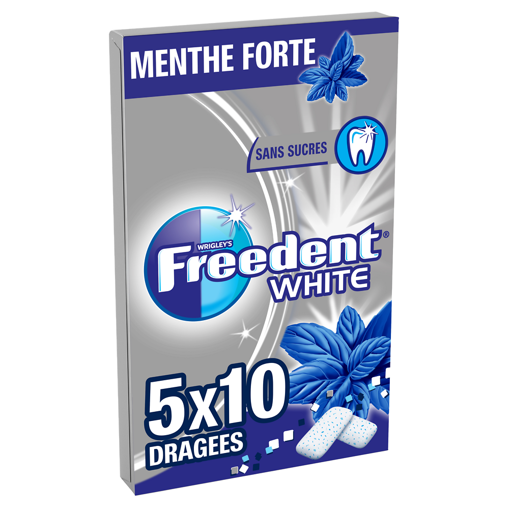 Chewing gum sans sucre menthe forte FREEDENT White, 5x10 dragées 70g