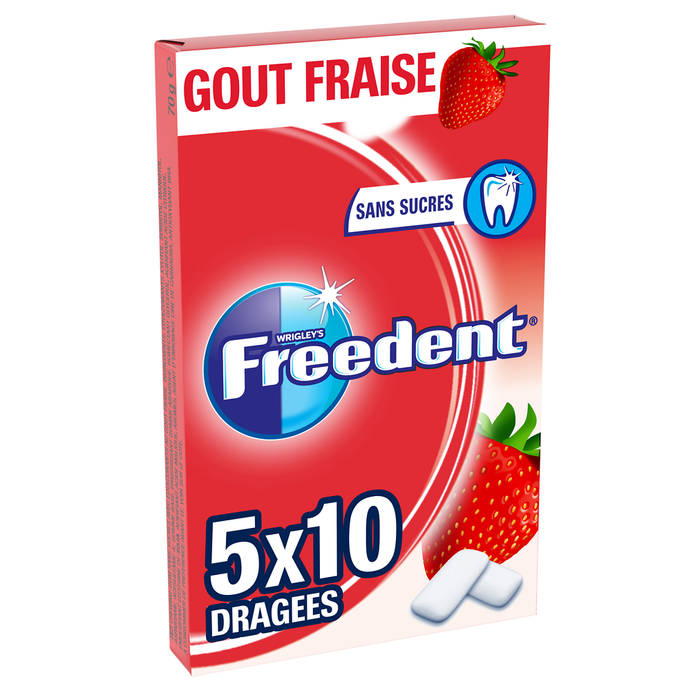 Chewing gum sans sucre fraise FREEDENT, 5x10 dragées 70g