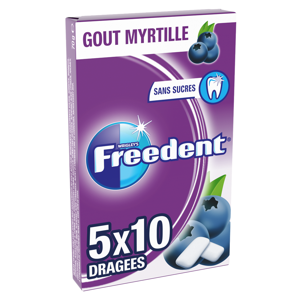 Chewing gum sans sucre myrtille FREEDENT, 5x10 dragées 70g