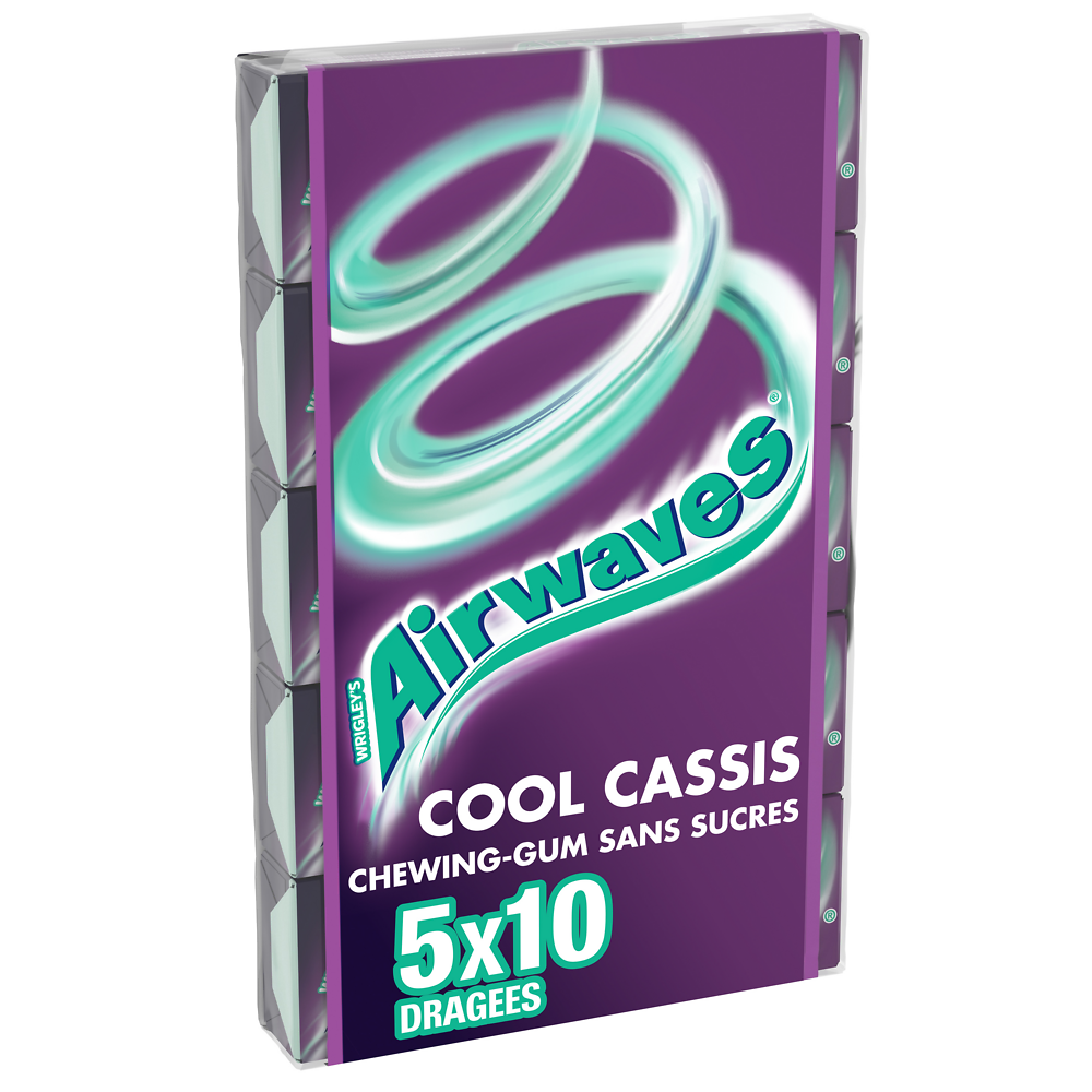 Chewing gum sans sucre cool cassis AIRWAVES, 5x10 dragées 70g