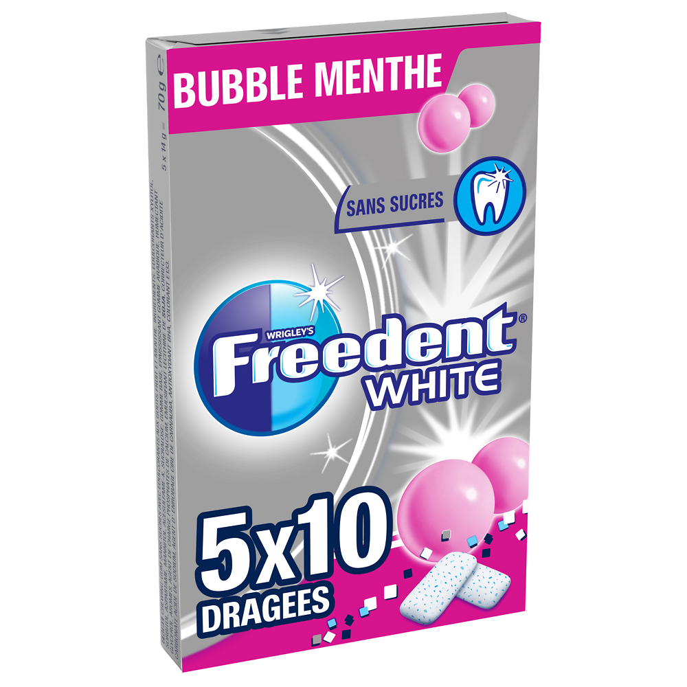 Chewing gum sans sucre bubble menthe FREEDENT White, 5x10 dragées 70g