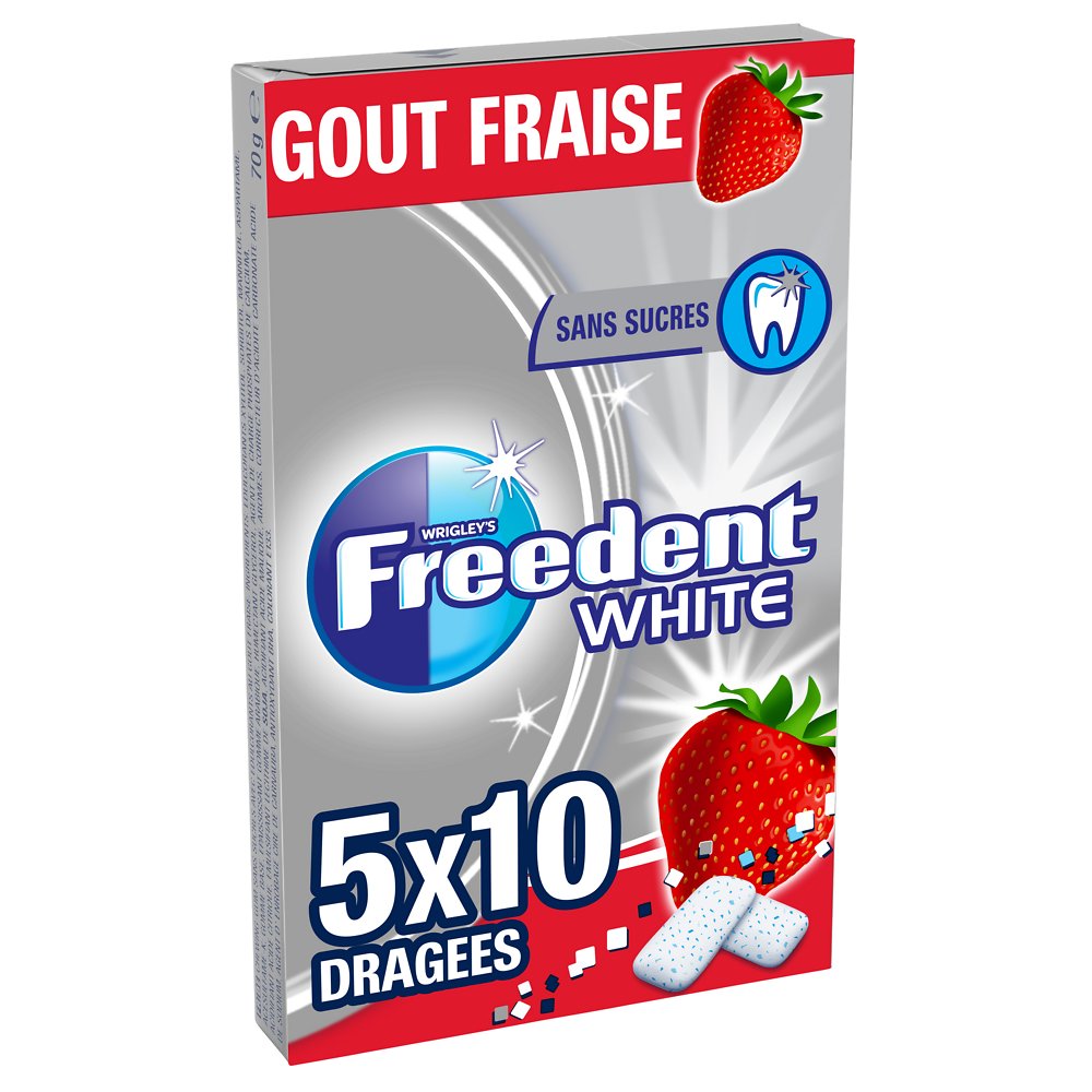 Chewing gum sans sucre fraise FREEDENT White, 5x10 dragées 70g