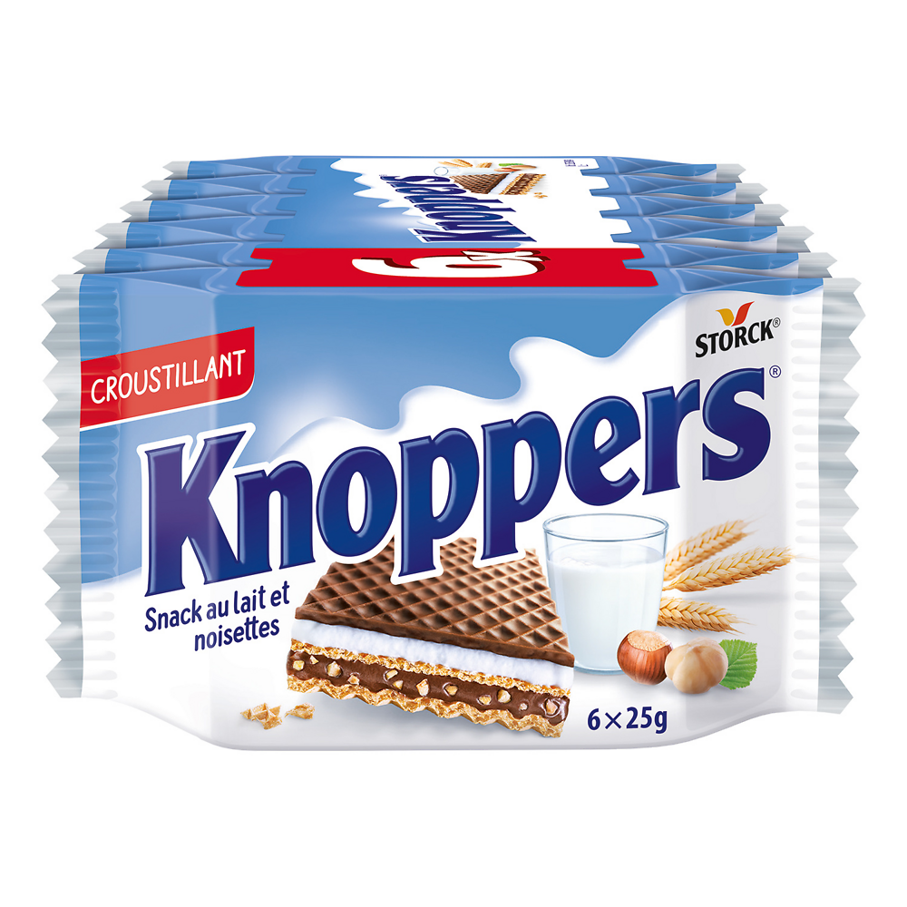 Gaufrette fourrée (fourrage au lait 30,2%, fourrage à la pâte de noisettes 29,4%) KNOPPERS 6x25g