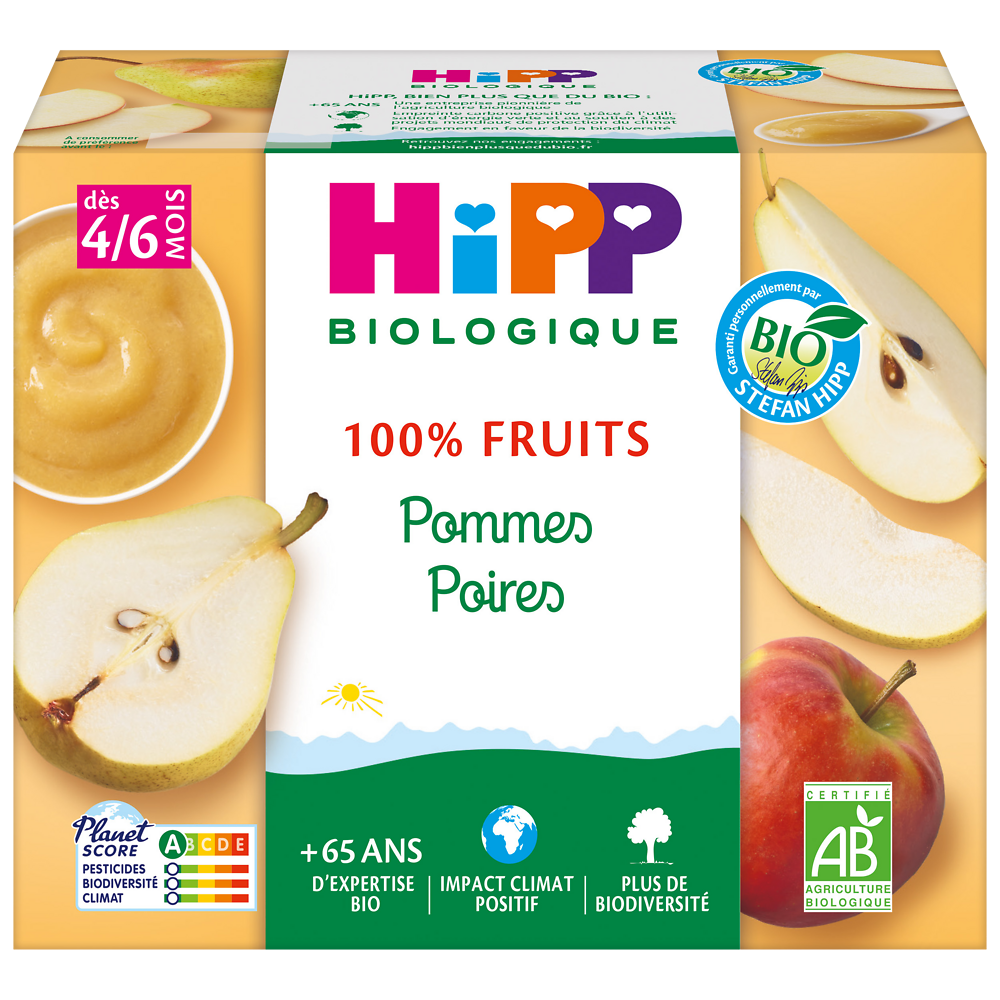 Compote infantile bio 100% Fruits pommes poires HIPP, dès 4/6 mois, 4x400g 400g