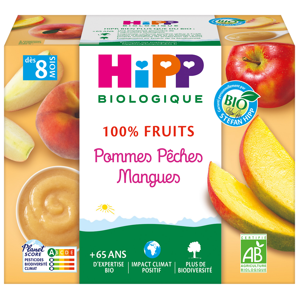 Compote infantile bio 100% Fruits pomme pêche mangue HIPP, dès 8 mois,4x100g