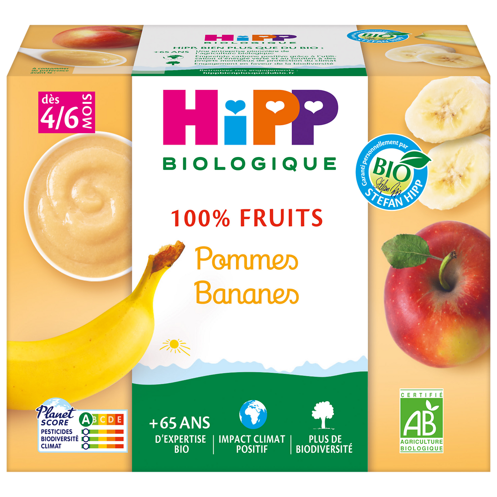 Compote infantile bio 100% Fruits pomme banane HIPP, dès 4 mois, 4x100g