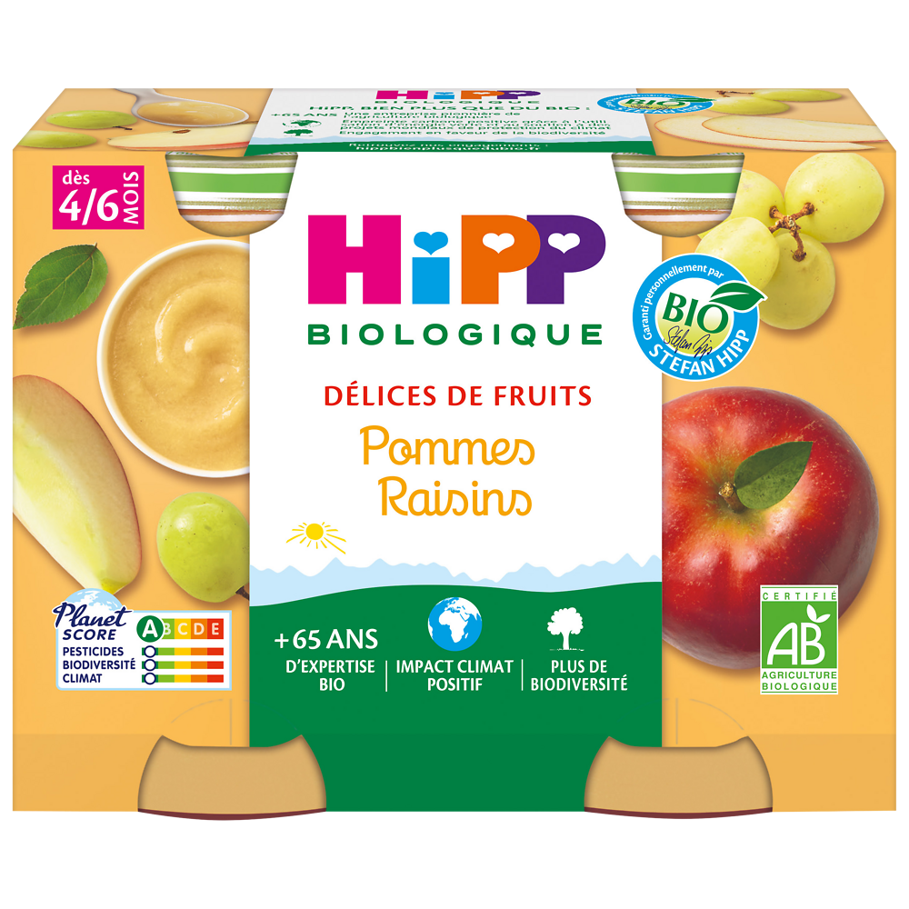 Compote infantile bio Délices de Fruits pomme raisins HIPP, dès 4 mois, 2x190g