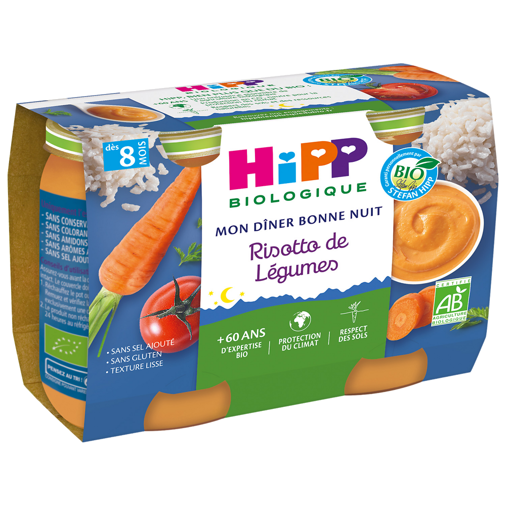 Petit pot bio pour bébé risotto de légumes HIPP, dès 8 mois, 2x190g