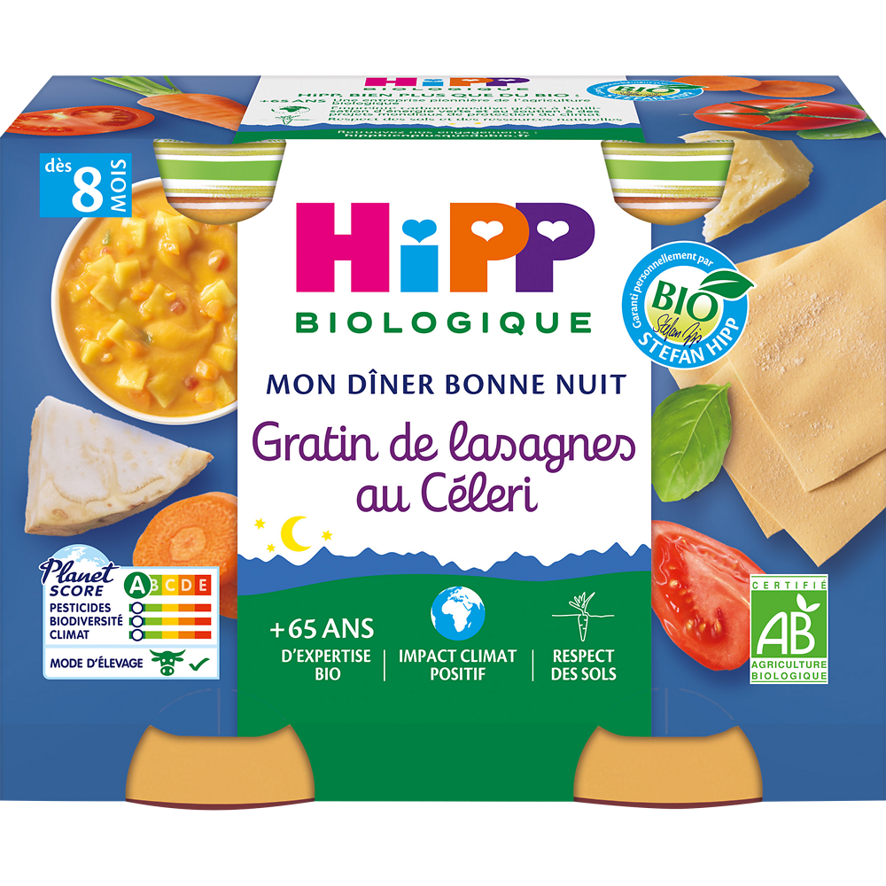 Petit pot bio pour bébé gratin de lasagnes au céléri, HIPP, dès 8 mois, pot de 2, 190g